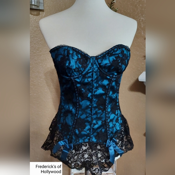 Frederick's of Hollywood Teal & Black Lace Bustier Corset Lingerie Size 36 Sexy - Picture 1 of 8
